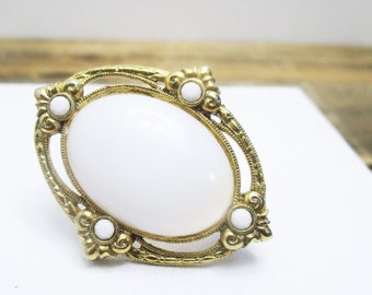 Vintage White Enamel and Gold Tone Brooch by 1928. White Cabochon Brooch.