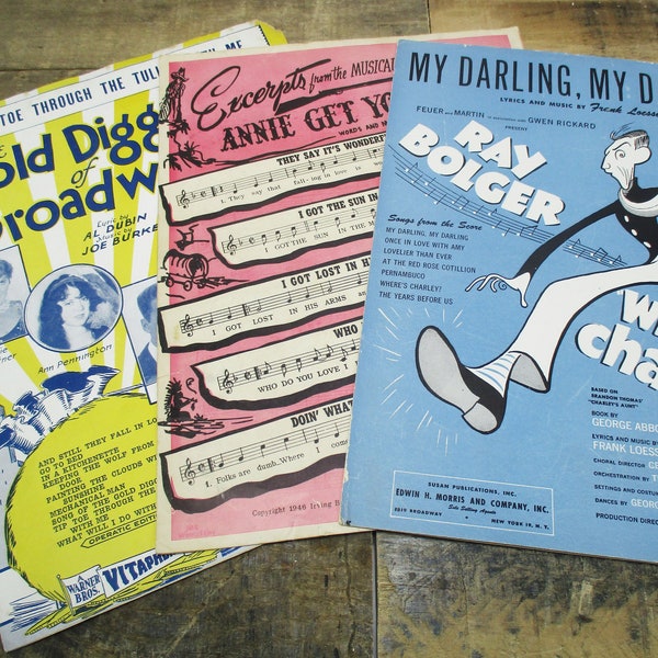 THREE Pieces of Vintage Broadway Musical Sheet Music! Great gift for the Theater Buff or Musician in Your Life! 1940s 1950s Sheet Music Lot.