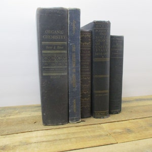 Set of FIVE Dark Blue Vintage Books with Gold Lettering. Unique Antique Decor.