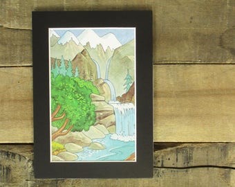 Vintage, Colorful Children's Book Illustration. Lovely Northwest / Mountain Print featuring a Forest, Waterfall and a Meandering River.