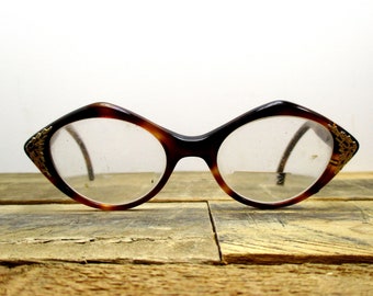 Authentic Brown + Gold 1950's Cat Eye Glasses Frames - Tortoise Shell and Gold Tone Cat Eyes.  Perfect rockabilly or Halloween accessory!