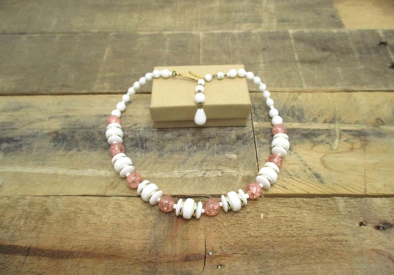 1960's Baby Pink & White Beaded Necklace. Beautif… - image 1