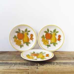 Set of three Mikasa Cera-Stone &#39;Fruit Salad&#39;  Salad or Dessert Plates. Bright and Boho-Styled Glazed Stoneware Plates.