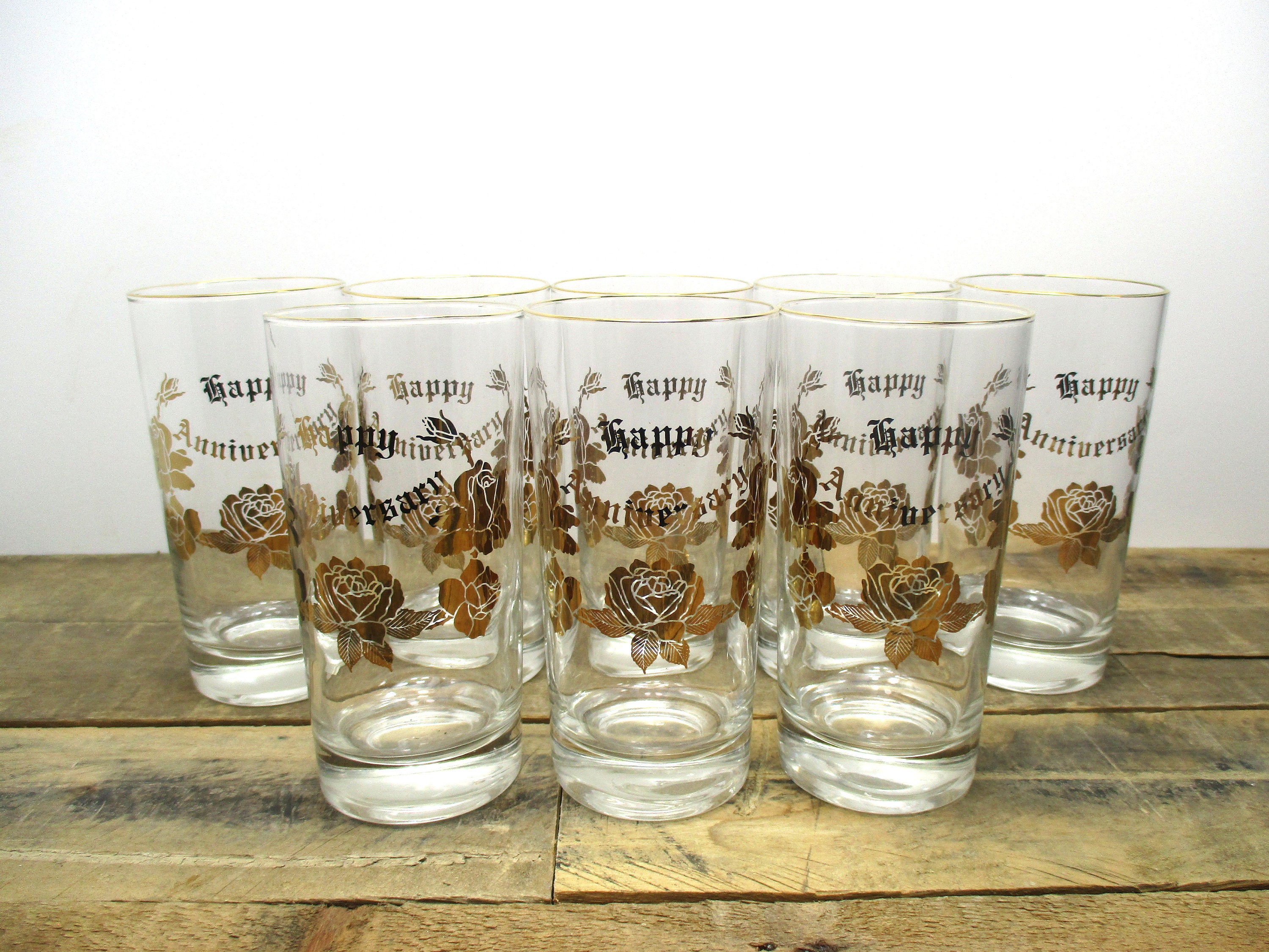 FULL SET of 8 Vintage Anniversary Glasses 8 Tall Drinking Glasses / Tumblers  With a Gold Gilded Design and 'happy Anniversary'. 