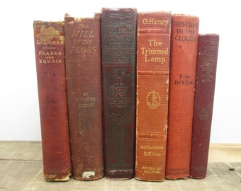 Curated Set of Antique Red Books. Perfect Red Decorative Books for a Vintage Office, Farm Style Living Room or Retro Boy's Nursery!