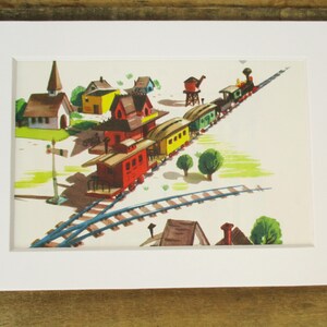 May include: A colorful illustration of a train pulling into a small town. The train is made up of a red engine, a yellow caboose, and several green and yellow boxcars. The town has a church with a steeple, a few houses, and a water tower. The train tracks are blue and the ground is green.