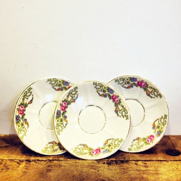 Shabby chic set of three vintage Bavarian Tirschenreuth saucers - 'Fairmount' design, with bright floral pattern