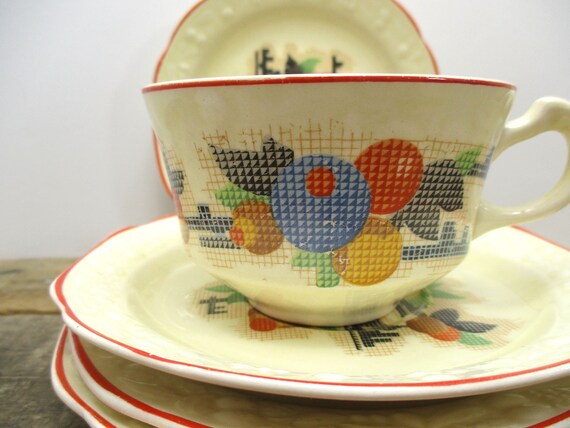 Set of 1940's Dishes by Crooksville China - RARE Needlepoint