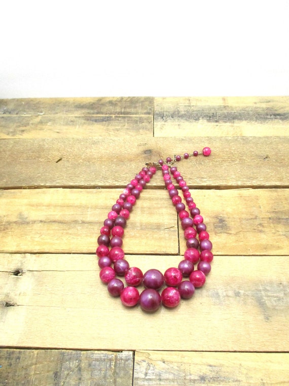 1960's Fuchsia / Dark Pink Beaded Necklace, by Co… - image 1