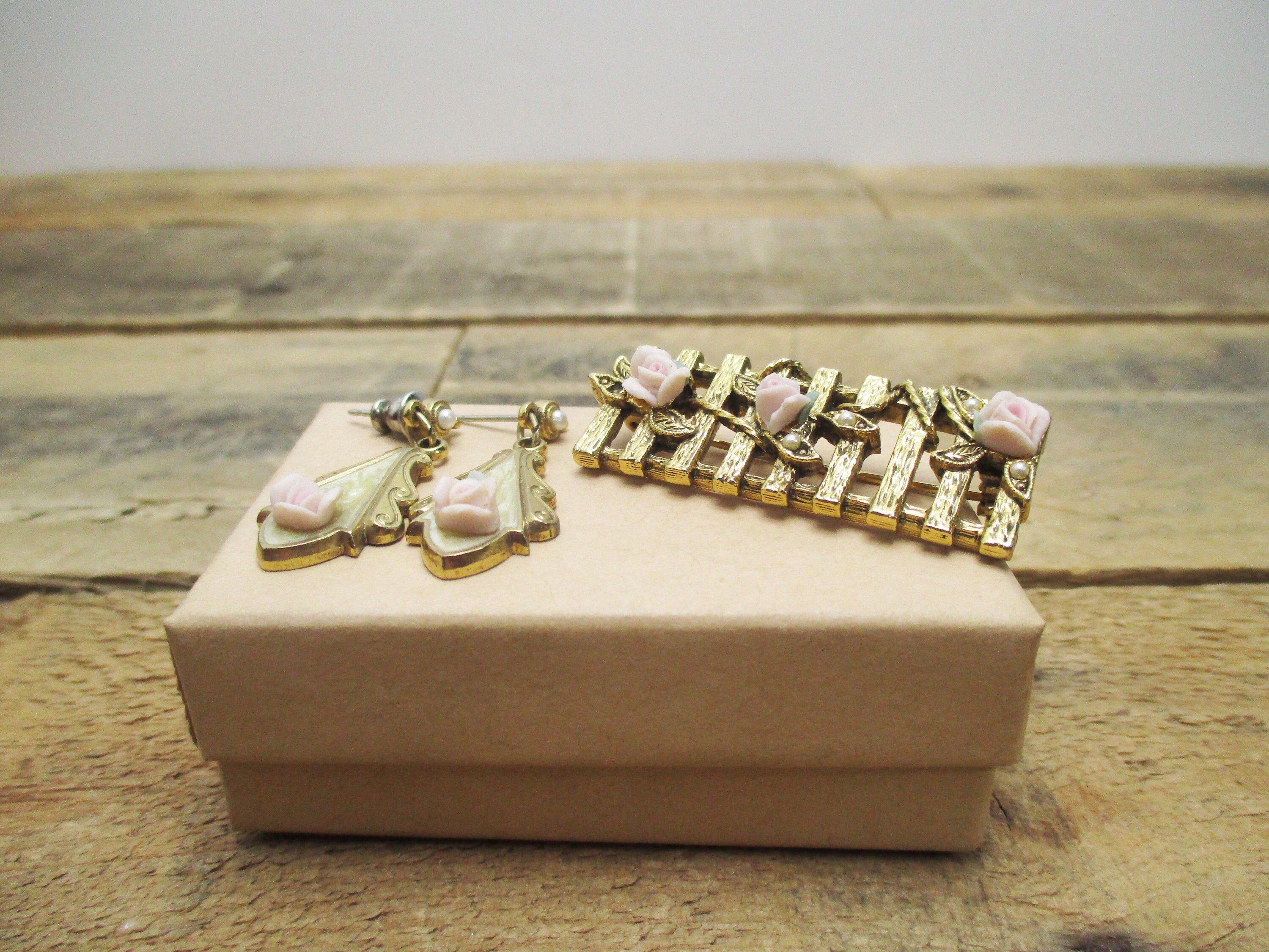 Vintage Pink Rose Jewelry Set Vintage Gold Tone Drop Etsy
