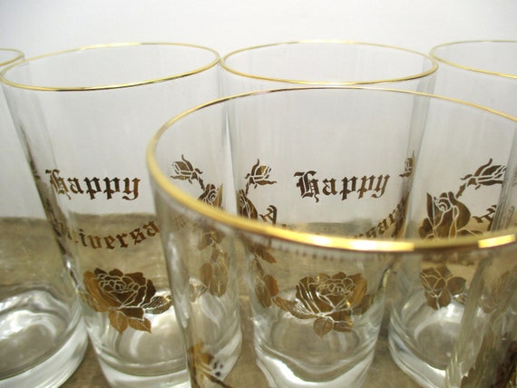 FULL SET of 8 Vintage Anniversary Glasses 8 Tall Drinking Glasses / Tumblers  With a Gold Gilded Design and 'happy Anniversary'. 