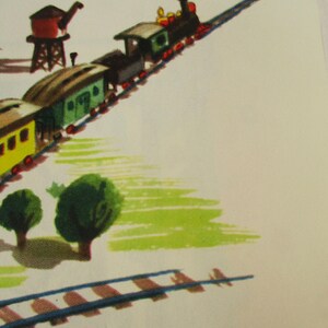 May include: A vintage illustration of a toy train set with a green, yellow, and red train engine pulling several boxcars on a track. The train is traveling through a green field with a brown water tower in the background.
