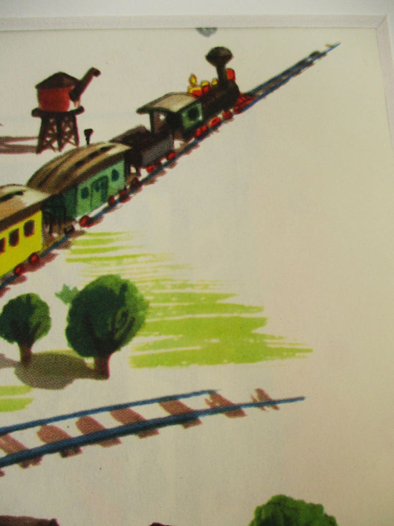 May include: A vintage illustration of a toy train set with a green, yellow, and red train engine pulling several boxcars on a track. The train is traveling through a green field with a brown water tower in the background.