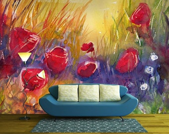 wallcovering Field of poppies on a sunset wallmural repositonable photomural mural photo Poppies Field traditional or removal mural