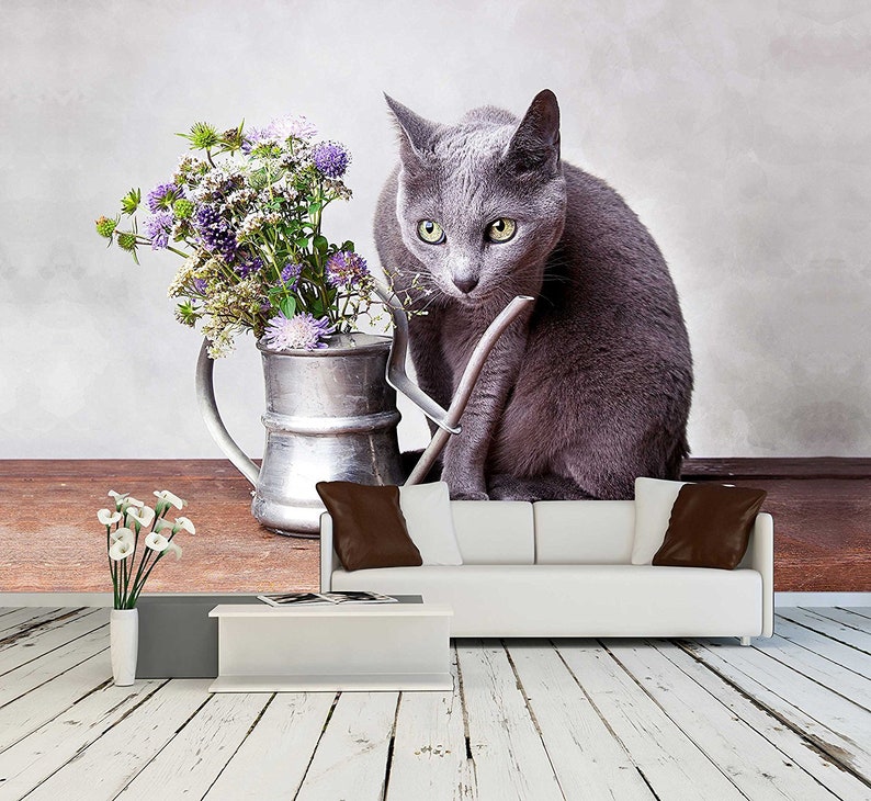 Self Adhesive Large Wallpaper Removable Wall Mural Cat With Flowers In Old Decorative Watering Can Wall26 Home Decor Home Living Kromasol Com