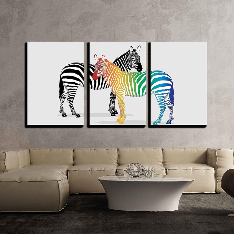 Modern Home Decor Stretched and Framed Ready to Hang Zebras with Multi-Colored Strips wall26 3 Piece Canvas Wall Art