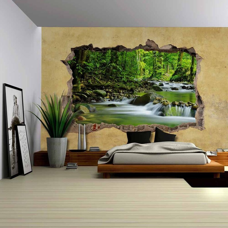 Cascading Spring in Rainforest Viewed through a Broken Wall Wall Mural-100x144