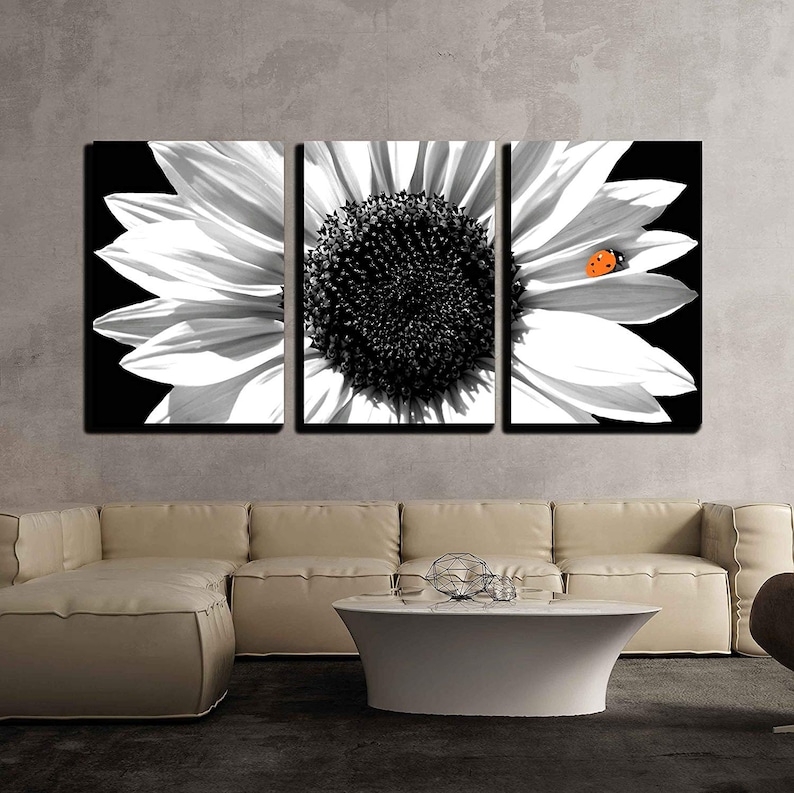 wall26-3 Piece Canvas Wall Art Sunflower in Black and White with Red Ladybug Modern Home Decor Stretched and Framed Ready to Hang