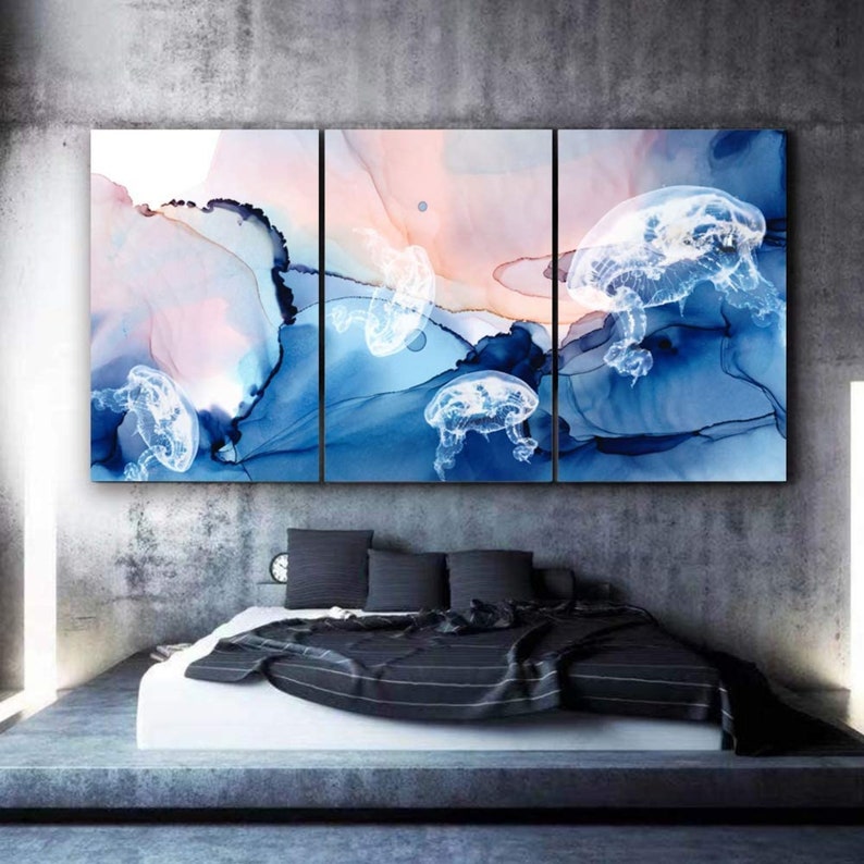 Jellyfish Wall Art Bedroom Wall Decor Jellyfish Print Set of 3 Ocean Animal Printing Art Ocean Lift Canvas Wall Art