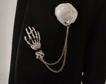 Rhinestone Skeleton Hand Silver Chain White Rose Boutonniere Gothic Wedding Punk Prom Grooms Ushers Bout Halloween Wedding Goth Bling
