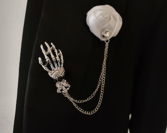 Rhinestone Skeleton Hand Silver Chain White Rose All Colors Boutonniere Gothic Wedding Punk Prom Grooms Ushers Bout Halloween Goth Bling