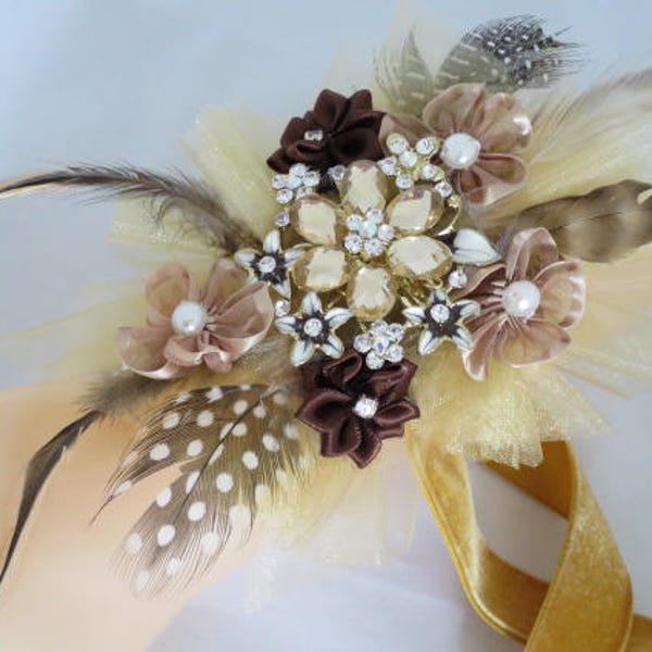 Beige Brown Brooch Wrist Corsage Cruelty Free Feathers Gold Velvet Alternative Mother Of Bride All Occasion Prom Bling Wedding Anniversary