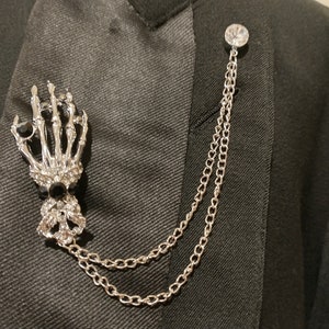 Skeleton Hand Rhinestone Brooch with Cascading Double Chain Pin Silver or Gold Black Skull Goth Halloween Wedding Prom Boutonniere Lapel