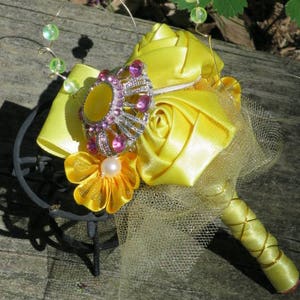 Brooch Boutonniere Yellow Pink Crystal Rhinestone Yellow Satin Roses Grooms Bout Usher boutonniere Prom Bout Corsage Broach