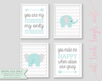 SET OF 4 You Are My Sunshine Prints - Baby Room Decor - Baby Elephants, Mint & Gray, Chevron, Polka Dots {Instant Digital Download - 8x10}