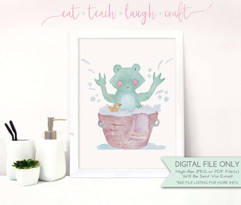 Kids Bathroom Print Frog In Tub Diy Printable Art Animal Etsy