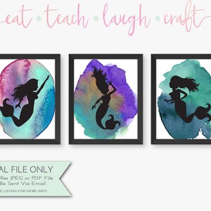 Set of 3 Mermaid Silhouettes with Watercolor Backgrounds - Children&#39;s Decor - Playroom Prints {Instant Digital Download - 8x10}