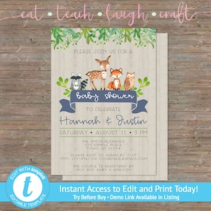 Woodland Animals Baby Shower Invitation - Gender Neutral Baby Shower - Woodland Animals Theme - Instant Access to Edit Yourself! (5&quot;x7&quot;)