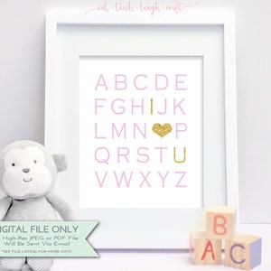 I Love You Alphabet Print - Nursery Print - Baby Shower Print - DIY Printable Sign - Pink & Gold Faux Glitter - 8x10 {INSTANT DOWNLOAD}