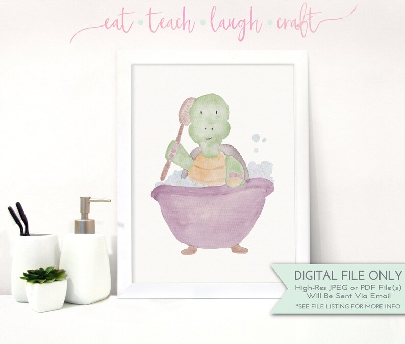 Kids Bathroom Print Turtle In Tub Diy Printable Art Etsy