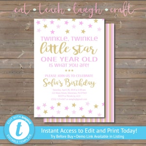 Twinkle Twinkle Little Start Birthday Invitation - Pink & Gold Birthday - First Birthday - Instant Access to Edit Yourself! (5&quot;x7&quot;)