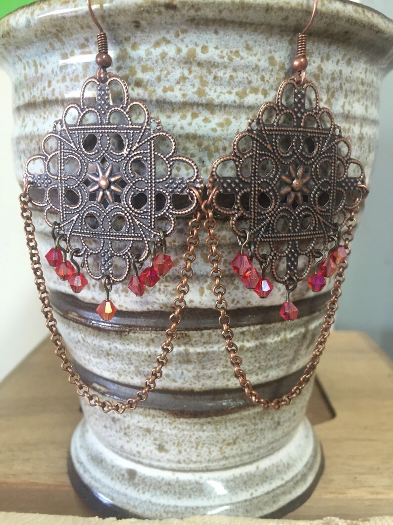Antique Bronze Chandeliers Filigree Earrings Red Beaded Etsy