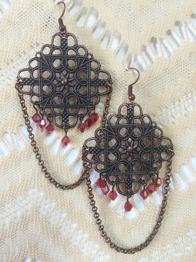 Antique Bronze Chandeliers Filigree Earrings Red Beaded Etsy