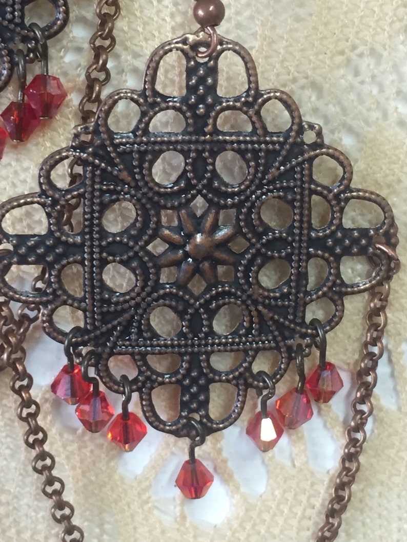 Antique Bronze Chandeliers Filigree Earrings Red Beaded Etsy