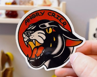 Angry Crier Sticker, Vinyl Sticker, Panther Decal, Weatherproof Sticker, Cat Sticker, Tattoo Flash Sticker, Big Cat Tattoo Decal, old school