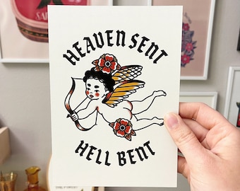 Heaven Sent Hell Bent, Cherub Angel Tattoo Flash Print, Tattoo Flash Art, Old School Tattoo, American Traditional Tattoo Flash, Flash Sheet