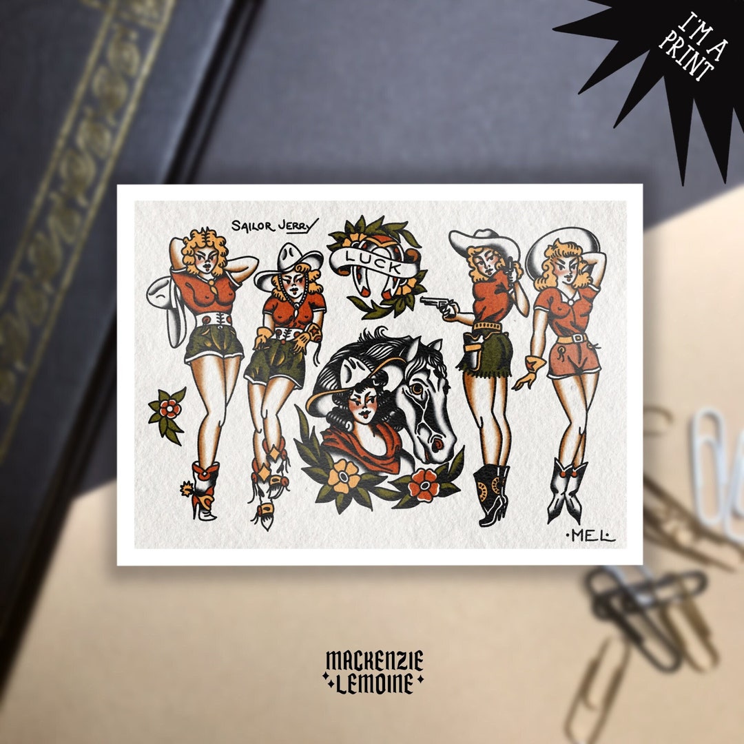 Pinup Girl Print, Cowgirl Tattoo Flash Sheet, Horse Flash, Tattoo Flash ...