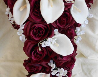 Burgundy Roses And White Calla Lilies 2 Pieces Bouquet Grooms Etsy