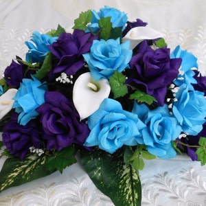 Large wedding bride table centerpieces royal purple blue and white