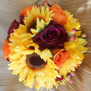 Fall  bridal wedding set 19 sunflowers and roses yellow , orange , purple and ivory