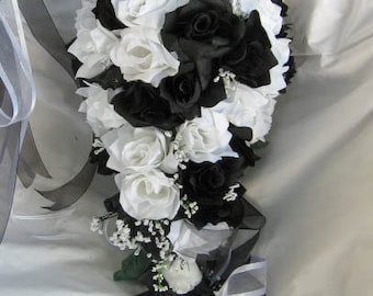 Silk Wedding bridal bouquet black and white 4 pc Cascade style made of all roses