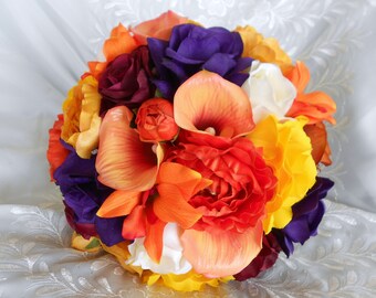 Fall silk wedding Bouquet bridal set Callas, orchids, yellow, orange ,burgundy ivory and plum 25 pc