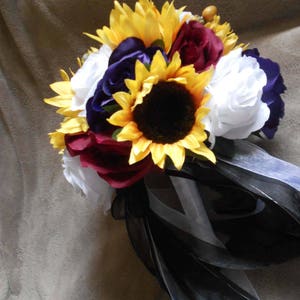 Sunflowers roses  bridal set wedding bouquet  yellow , burgundy, and purple fall colors 17 pcs