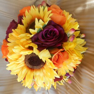 Fall  bridal wedding set 2 pieces  sunflowwers and roses yellow , orange , burgundy