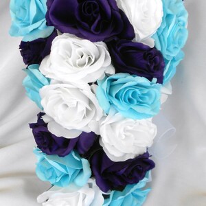 Blue white and royal purple cascading bridal wedding bouquet 2pc.