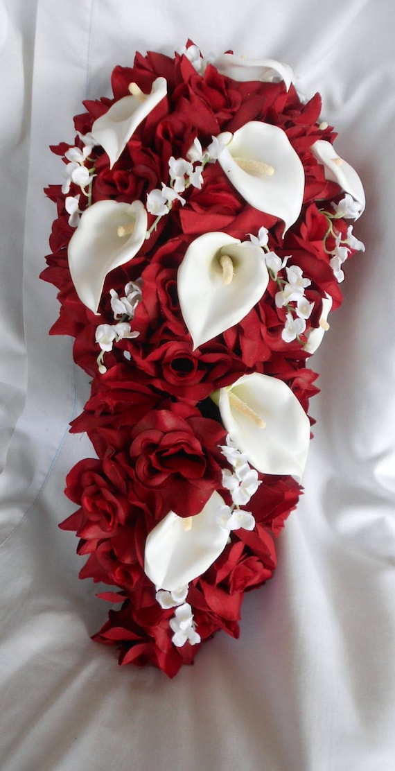Wedding Bridal Cascade Bouquet Red Roses Calla Lilies And Etsy